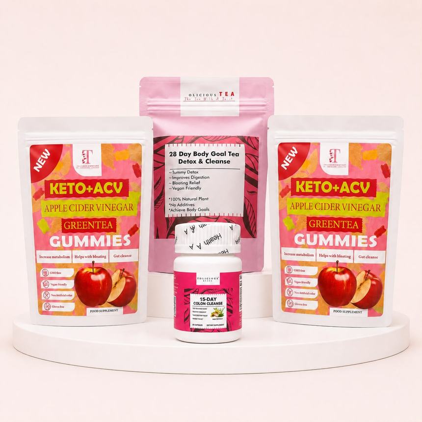 The Gut Reset Bundle — two packs of Keto + ACV Gummies, the 28 Day Body Goal Tea and the 15-Day Colon Cleanse on a marble kitchen counter