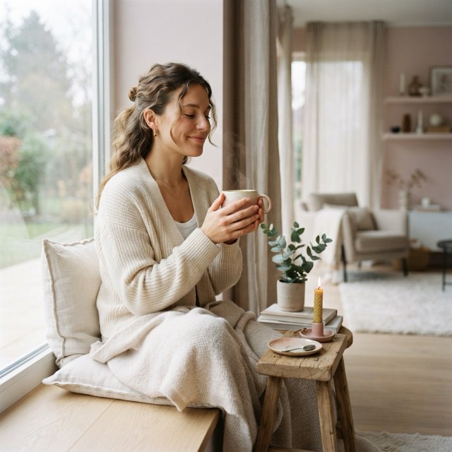 Woman enjoying a cup of tea at home