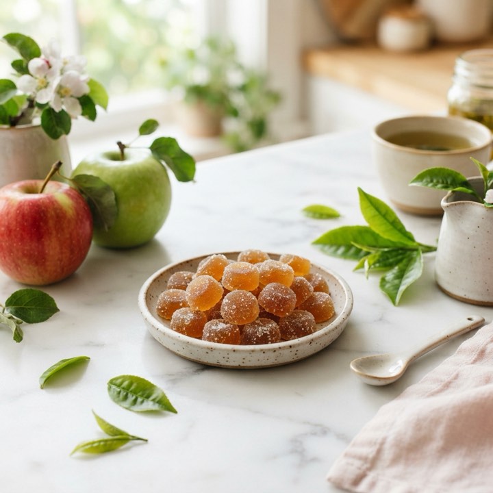 Gummies on a breakfast table with apples and green tea
